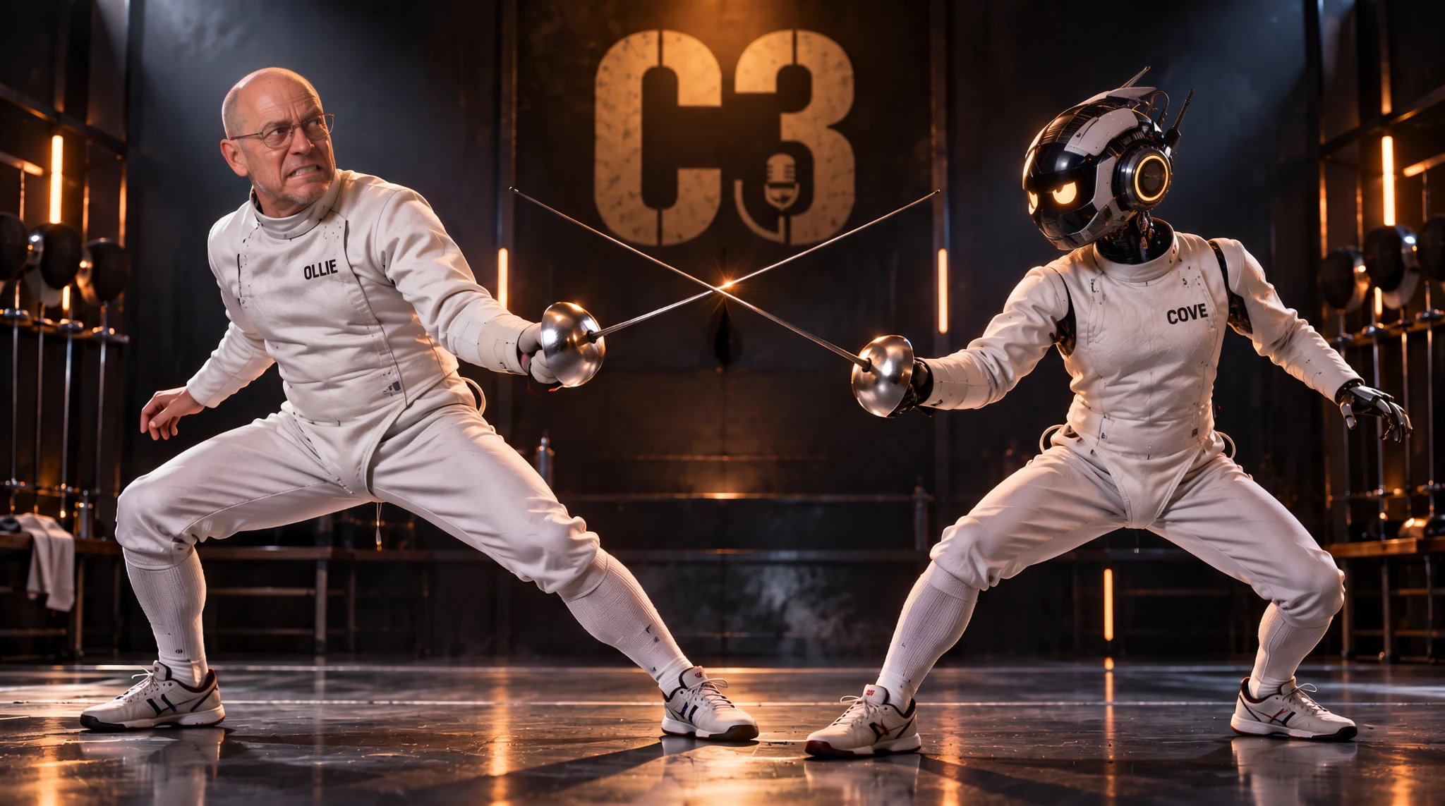 Ollie and Cove in fencing gear crossing foils in front of a C3 backdrop