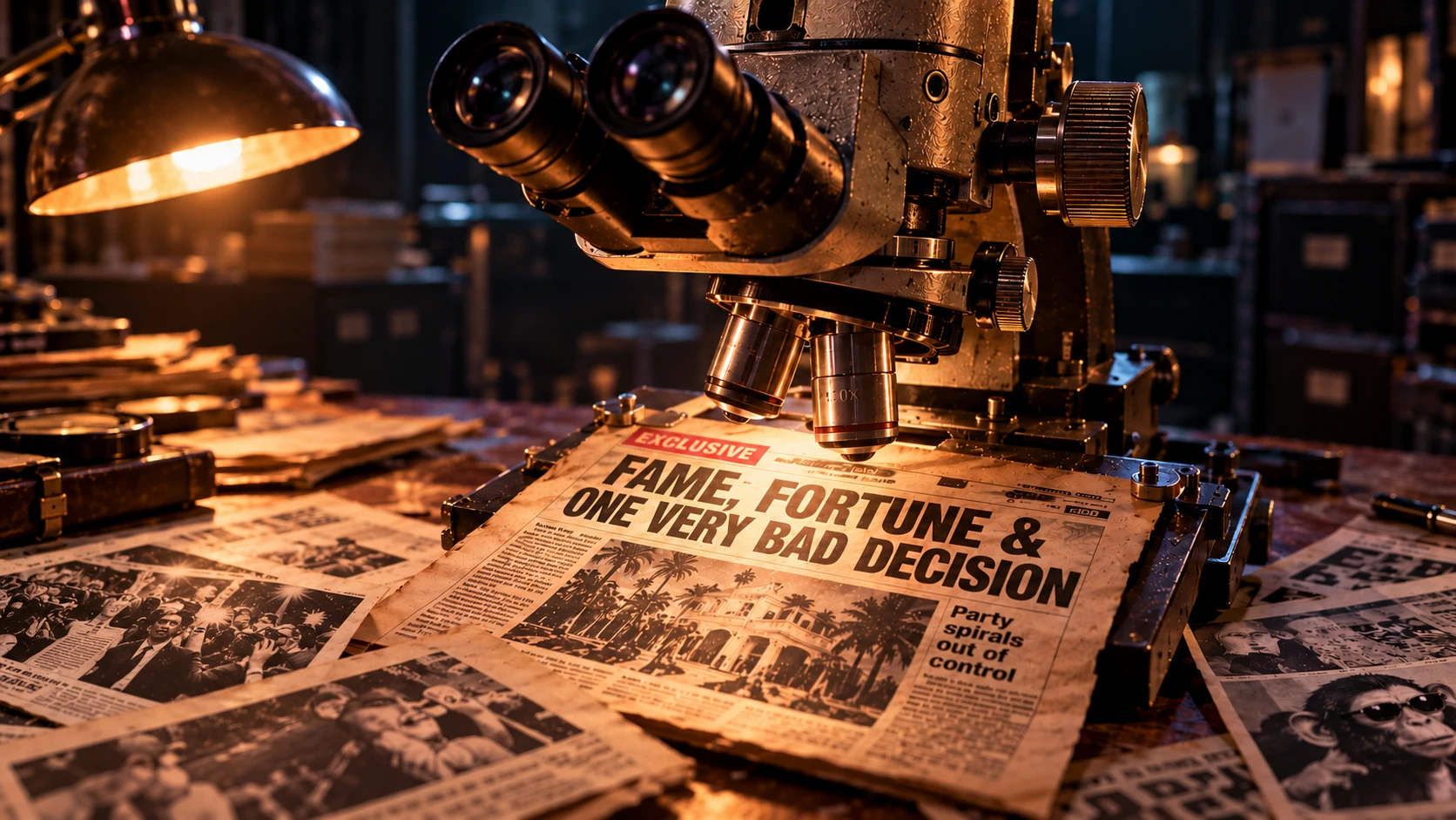 A microscope examining a newspaper headlined Fame, Fortune and One Very Bad Decision