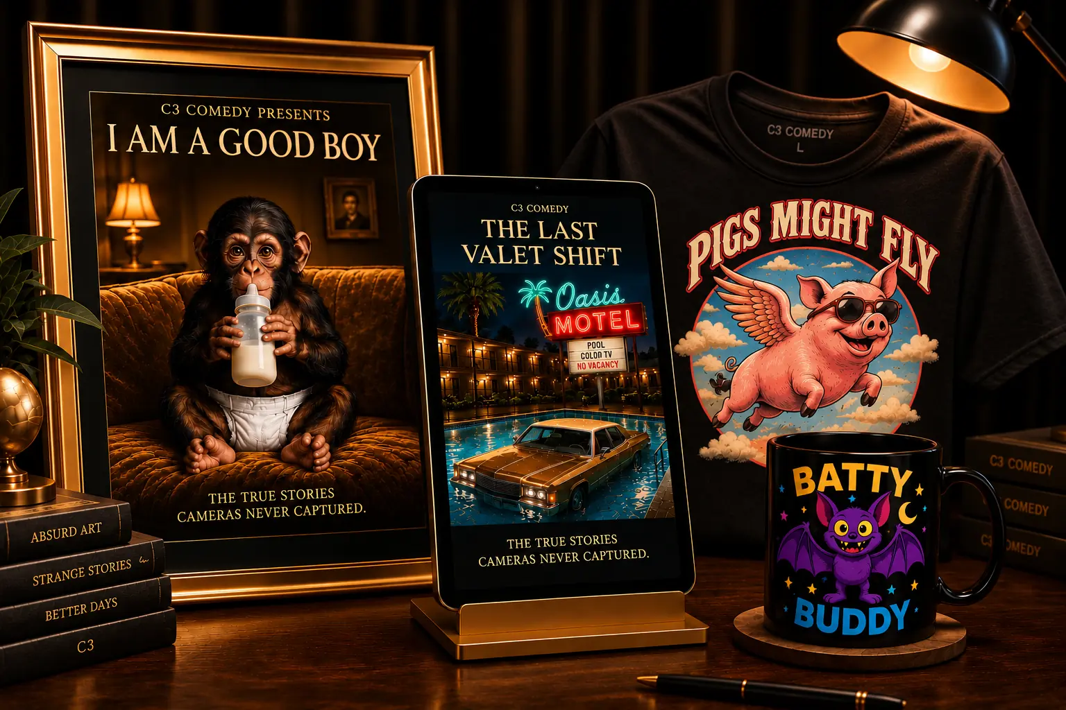 C3 Comedy black-and-gold merchandise display featuring original art and collector pieces