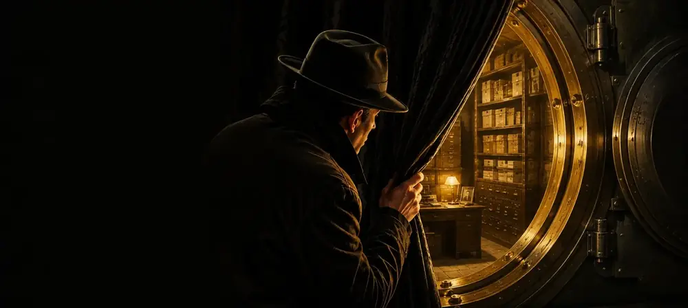 A figure opening the curtain on the illuminated C3 Comedy archive