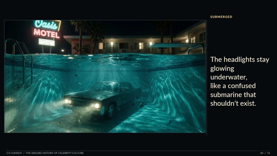 Page 40 of the eBook: the submerged car with its headlights glowing
