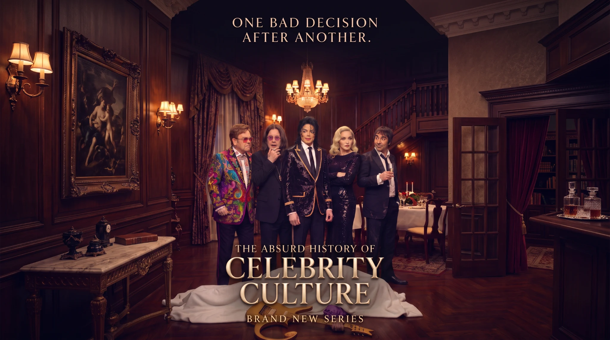 The cast of The Absurd History of Celebrity Culture gathered in a mansion beneath the line One bad decision after another