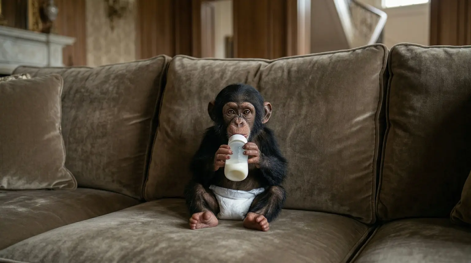 A patient young chimpanzee sitting on a sofa with a bottle