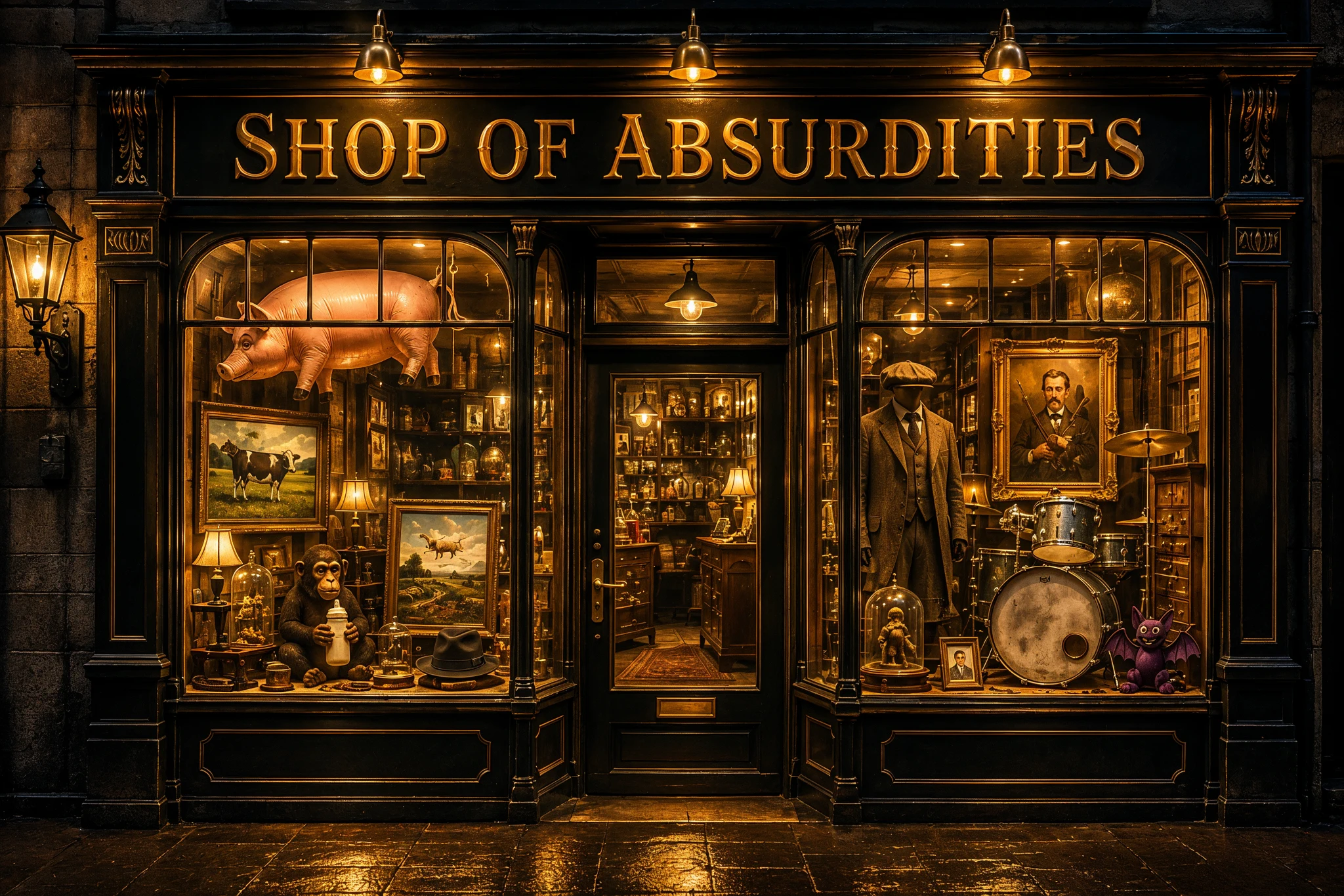 The warmly lit Shop of Absurdities storefront filled with curious C3 Comedy objects